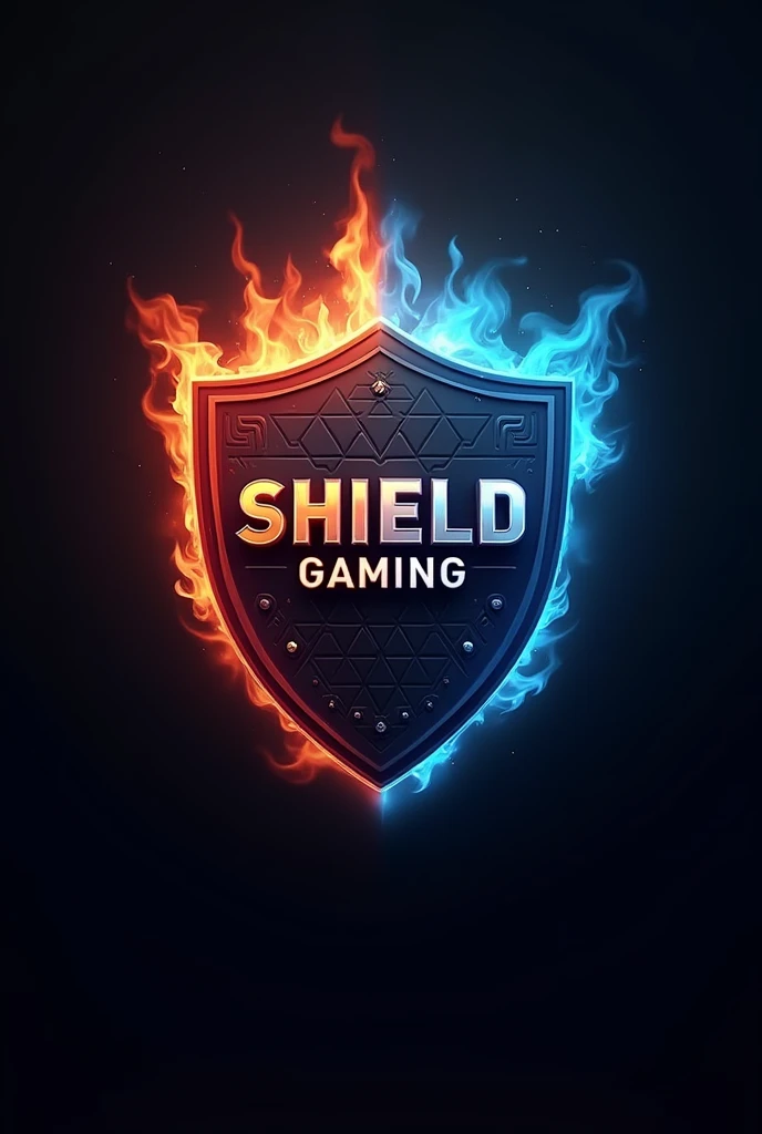 Create a 3D logo featuring a realistic shield as the centerpiece. The shield should be split into two halves: one side with a fiery red and orange flame effect, and the other side with a cool blue and cyan flame effect, merging seamlessly in the middle. Ac...