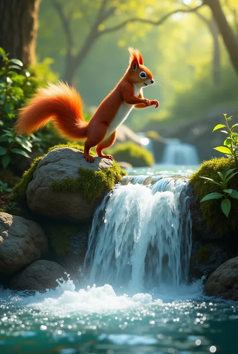 A brave red squirrel leaps from a mossy rock into a cascading waterfall, its fur glistening in the sunlight and its tail streaming behind it. The water is crystal clear, and the surrounding forest is lush and green