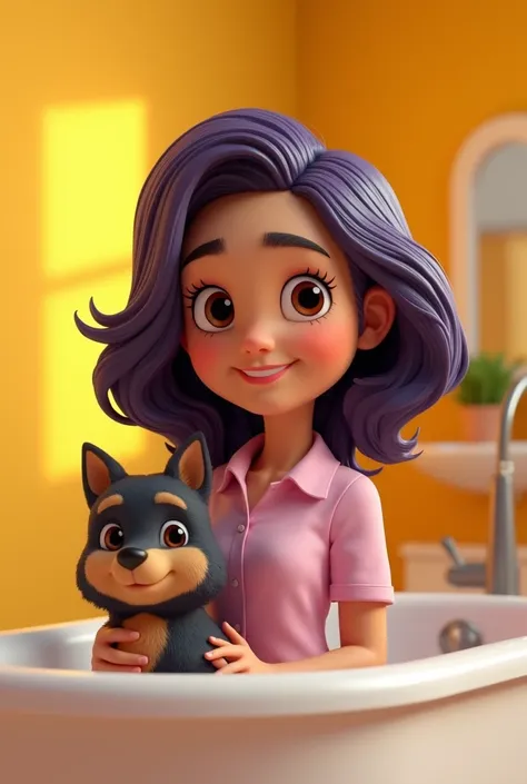  cartoon character,  a purple-haired clipper in a bath and grooming with yellow walls,  shoulder length hair , a little dark, Black hair with Californian locks ,  brown eyes ,  standing holding a German spitz dog in her lap and smiling ,  animated characte...