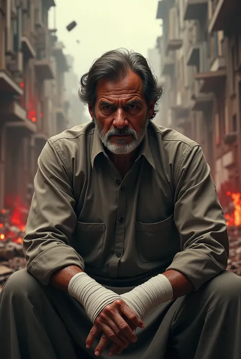 A powerful and emotional scene depicting Imran Khan. The Imran Khan must be in Old age without beard. The mans hands are wrapped in white bandages, showing signs of struggle and care. The background portrays a chaotic, bloody environment with hints of deva...