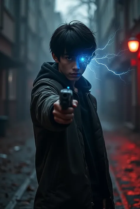 A man around 23 years old holding a gun stood in the middle of a dark desolate place with black and red tones, the man had black hair and 2 eyes, one eye was jet black while the other eye flashed with blue electricity