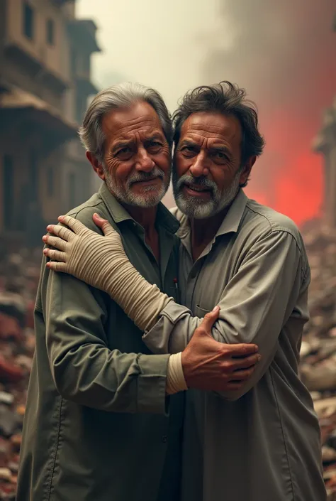 A powerful and emotional scene depicting Imran Khan. The Imran Khan must be in Old age without beard. The mans hands are wrapped in white bandages, showing signs of struggle and care. The background portrays a chaotic, bloody environment with hints of deva...