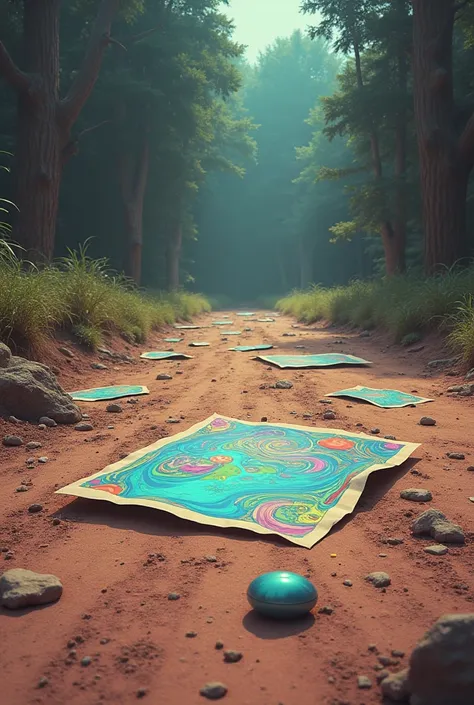 Show me a dirt floor outside where there are LSD sheets lying around