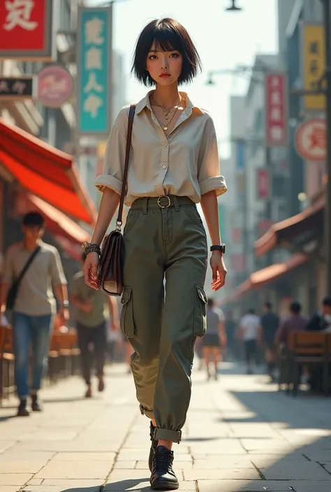 une fille asiatique portant le style vestimentaire tomboy dans la rue 