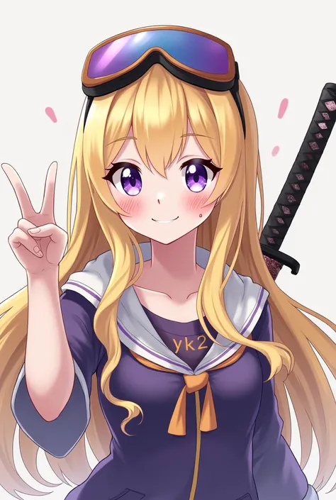 Cute girl with long blond hair smiling with snow glasses on her head purple eyes yk2 clothes doing a peace pose with katana on the back for the profile picture 