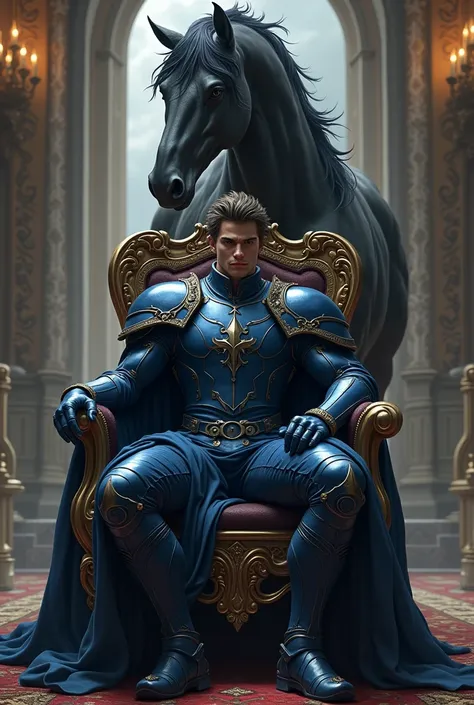 a white man, Strong young man sitting on a throne in blue armor and behind the throne a black and angry horse