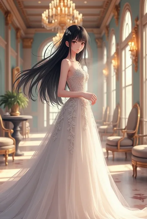 A pretty anime girl with black hair, straight bangs, black eyes, and white skin, wearing a beautiful wedding dress, is expressionless at a glamorous ballroom