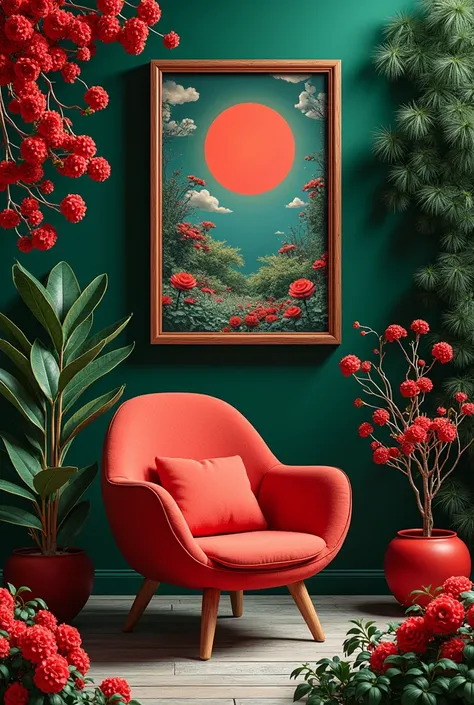 I want a garden-concept interior accessory package with the theme “The World in a Garden,” and I need a picture of the poster representing Yeyuya Yeoyu, but the picture is hidden, the dark green garden has red flowers, and I wish there was a chair that mea...