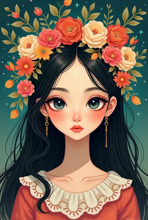 Illustration of girl with slanted eyes and flowers