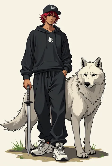 Half-breasted brown man anime version with red hair brown eyes 
A dress and a black cap, black sweatshirt and black black pants with white sneakers, a white wolf at his side. 
A white Japanese katana.  With the white grip and 