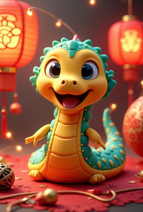 a wind up cartoon cobra , celebrate chinese snake year ,a lantern with chinese knot , GONG XI FA CAI , few small fire work
