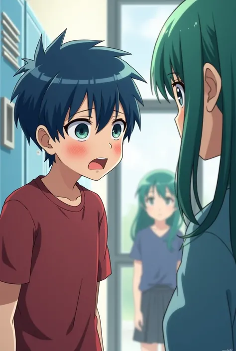 A blue-haired boy who looks at a short-haired green-haired high school girls older sister turns red and avoids glances