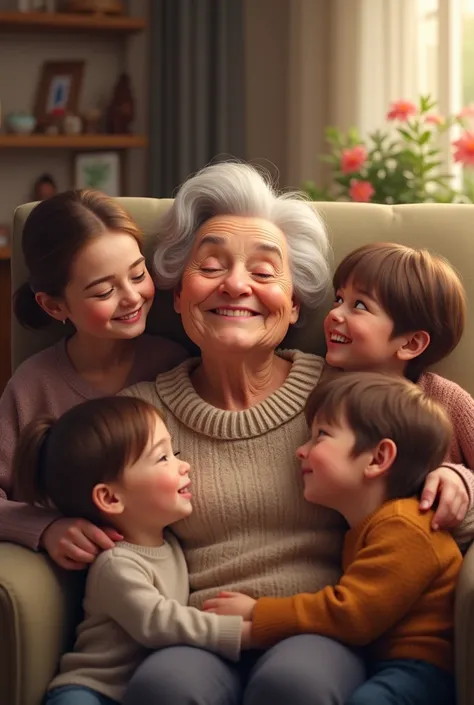 Create an image of a grandmother smiling at her family 
