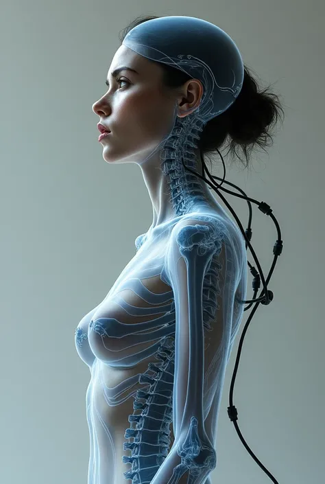 Human body and head of a woman with her back seen by x-rays with an exo-skeleton being held by transparent black and white cables 