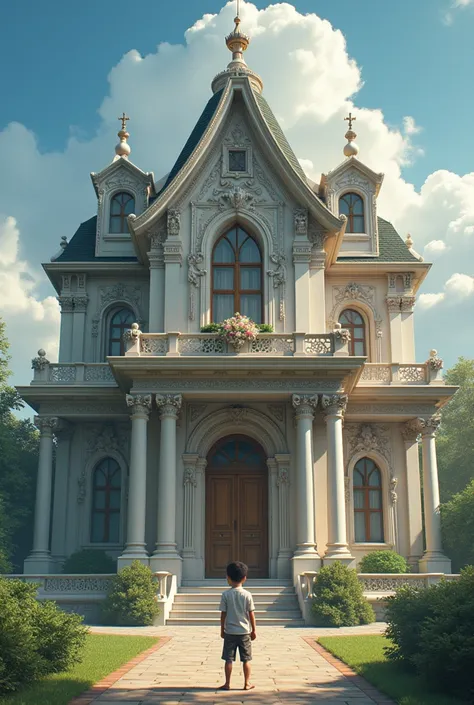 A boy in Shen 10 feels anxious in front of a beautiful house 