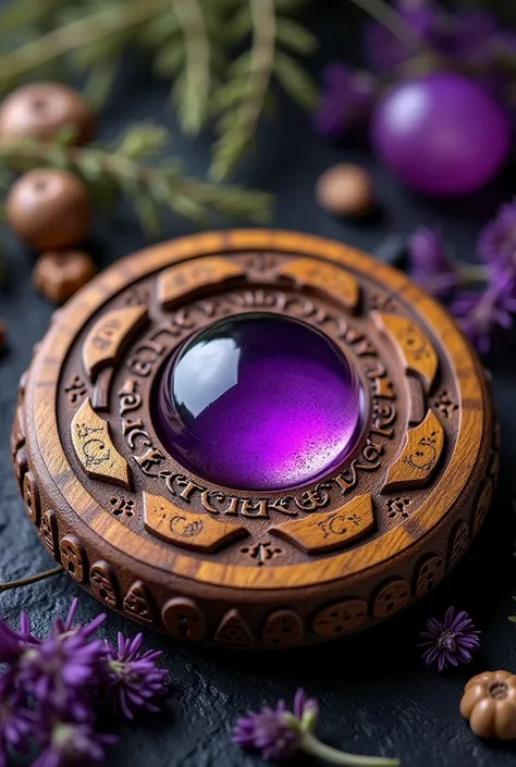 Wooden planchette with purple purple glass circle and moon designs inspired by the goddess Hecate 
