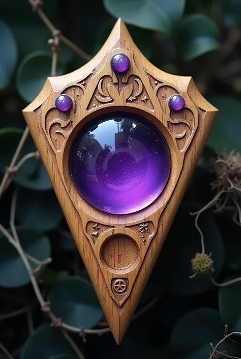 Wooden planchette with pointed shape 
with purple purple glass circle and with moon designs inspired by the goddess Hecate 
