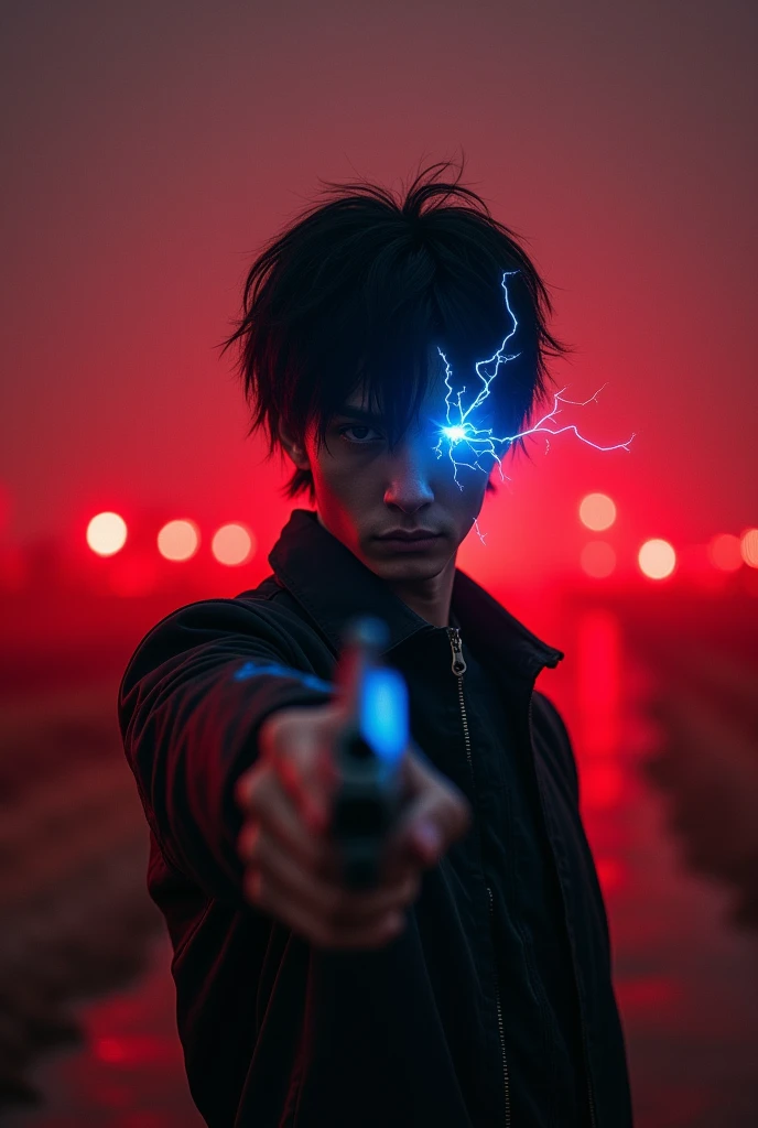 A young man around 23 years old holding a gun stood in the middle of a dark desolate place with red tones, the man had black hair and 2 eyes, one eye was jet black while the other eye flashed with blue electricity