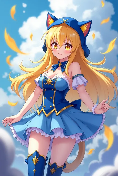 blue clothes, blue kitty hat, gold long hair, golden eyes, magical girl, short sleeve, corset, miniskirt, boots, anime

