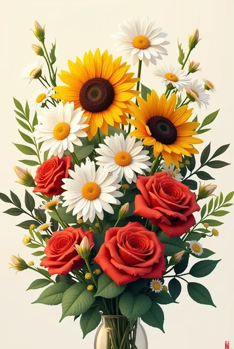  Picture of a bouquet with flowers: sunflower, daisy and roses 