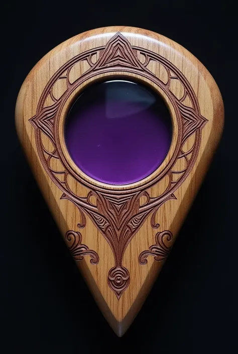 Planchette with one pointed side and the other round , de madeira,  with a purple glass circle and designs inspired by the goddess Hecate 