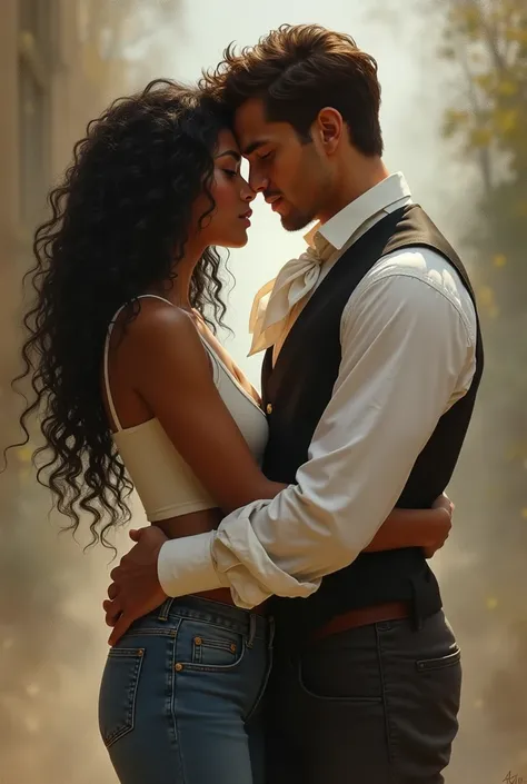  Very beautiful young black woman ,  long curled hair , tank top and jeans ,  and a white-skinned young man wearing 19th century costumes,  suit over the vest with white shirt and dress pants, neckerchief tie ,  short brown hair , strong, in love, protecto...