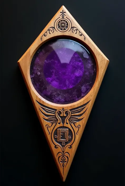 Planchette with one pointed side and the other round , de madeira,  with a purple glass circle and designs inspired by the goddess Hecate 