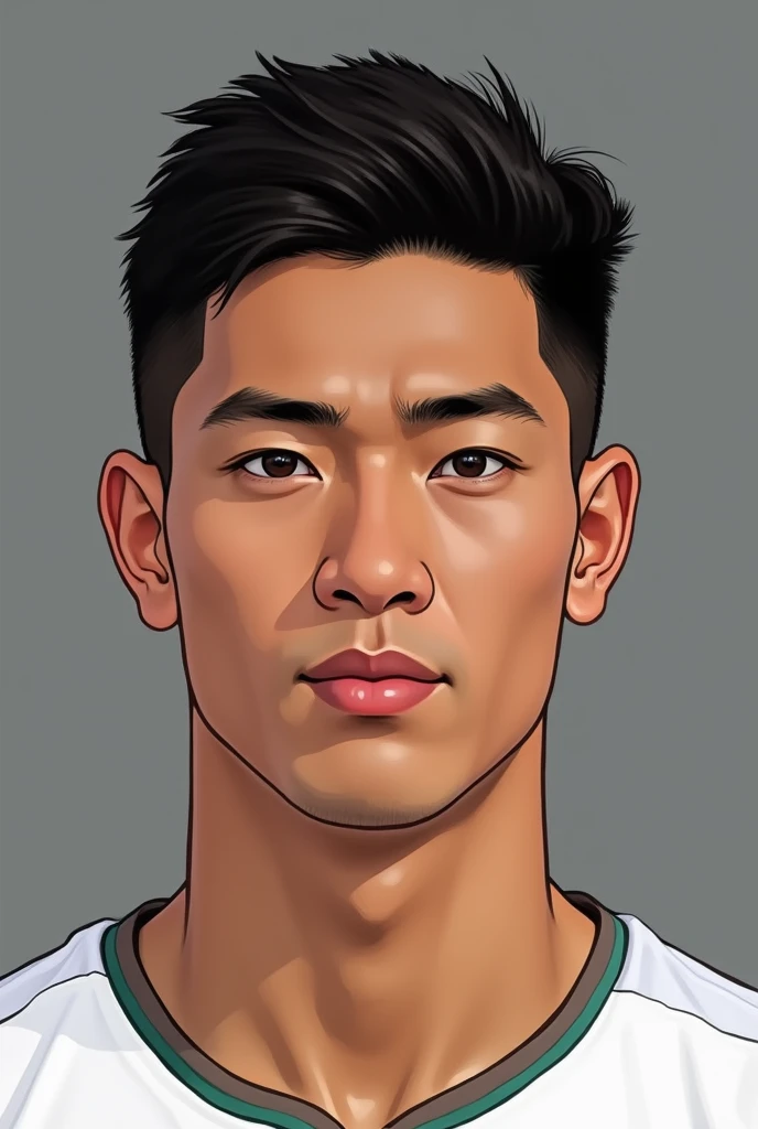 **Face Shape**: A strong, defined jawline with a balanced, slightly oval shape that highlights his athletic build.
- **Eyes**: sharp Almond-shaped eyes, reflecting a blend of his South Korean and Qatari background, with a determined and focused gaze.
- **E...