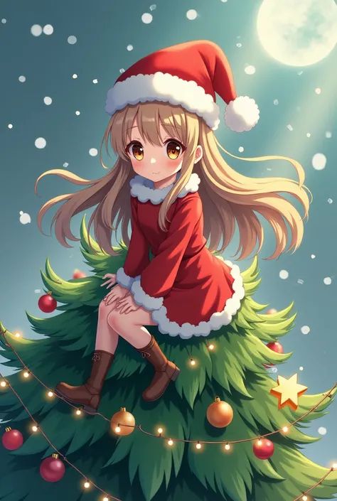 an anime woman with long hair wearing a Christmas hat riding a Christmas tree