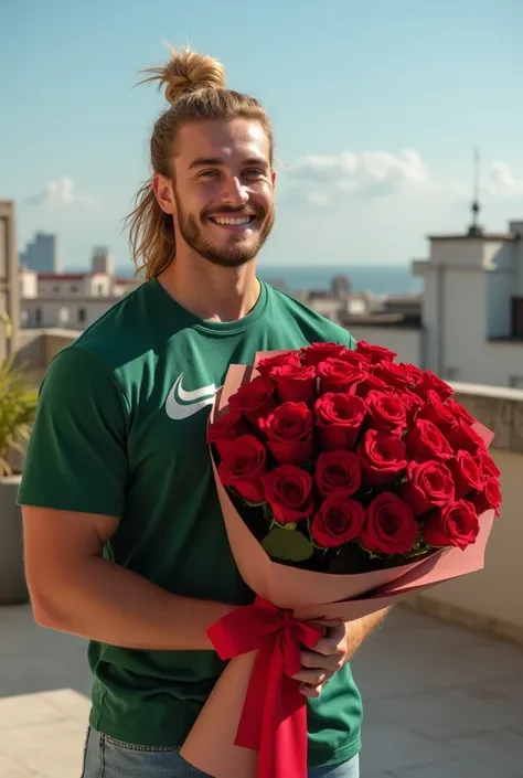  MAN 27 YEARS OLD, theo james,  long wavy blonde hair tied in a bun,   short beard failed on the side ,  Square face , light skin,  strong and muscular ,  wearing a large green oversized t-shirt with a Nike , long jeans,  print holding a large bouquet of r...