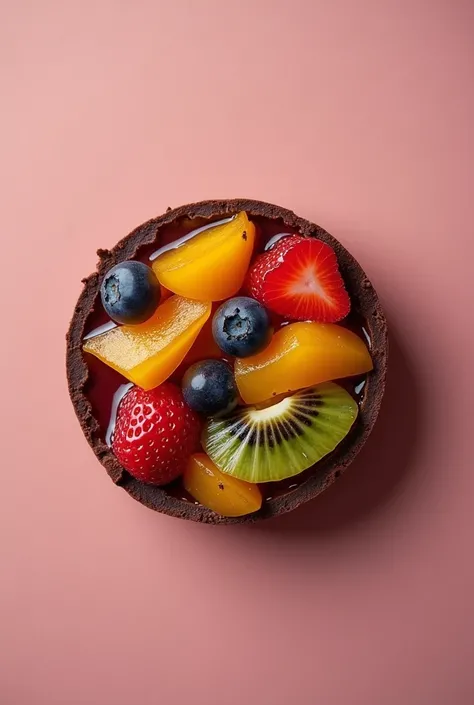 Snack consisting of a mix of small pieces of fruit (strawberry, Kiwi, must, mango) Dehydrated with jam among the fruits ( inside the product ),  covered with a thin layer of dark chocolate (outside of the product ),  with a round shape smaller than a hand,...