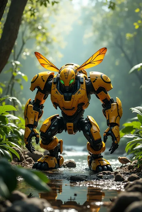 A powerful humanoid robot inspired by Bumblebee, fused with jungle predator elements. It features golden-yellow and black plating with tiger-like stripes. The head has sleek, aerodynamic contours, with glowing green eyes resembling animal pupils. The arms ...