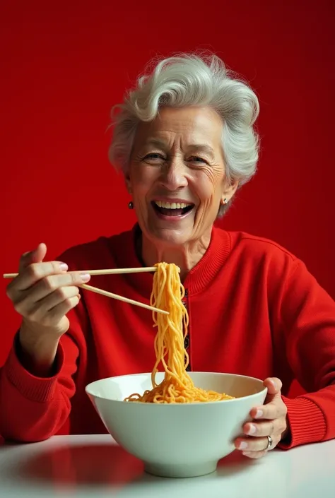 a woman eating a bowl of noodles with chopsticks, official jil sander editorial, , she is about 60 years old, with red haze and a massive grin, in 2018, véronique meignaud, with a bundt bundt pan face, promotional render, 5