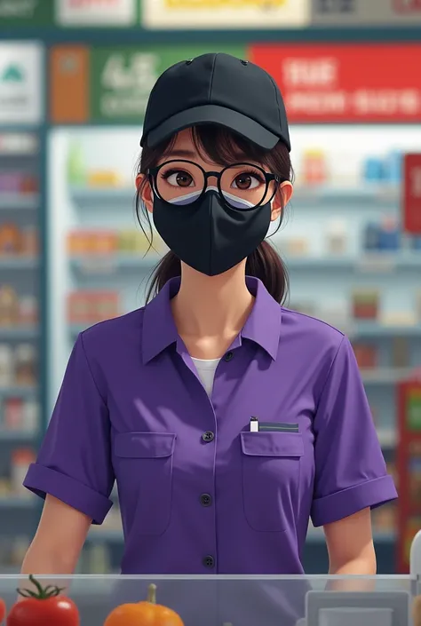 Korean Alba girl wearing a black disposable mask, black round horn-rimmed glasses, a black cap, a ponytail, purple cu convenience store uniform