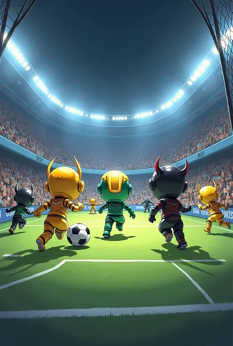  Generate a collectible chibi-style illustration with photorealistic image quality showing a 3 vs 3 soccer game inside a metal cage,  similar to the Nike . Titanix ,  with their shiny gold armor ,  lead the team along with Kryon ,  with their emerald green...