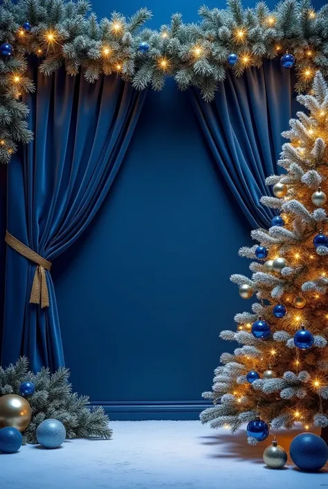 Navy blue background with curtains of golden stars ,  on the top Christmas garland with blue and gold ribbon , and spheres . Aun lado pino navideño decorado con luces dorados and spheres  azules