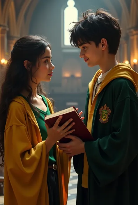  Make a 3D image of a Hogwarts student from Hufflepuffs house with the physical characteristics of actress Salma Hayek but 23 years old exchanging novels with Draco Malfoy