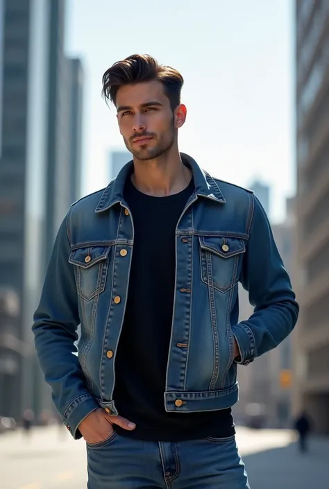  A young man with dark brown neat hair stands outdoors against the backdrop of modern buildings.  He wears a blue denim jacket that looks fashionable ,  combined with a black sweatshirt and blue jeans .  His expression is calm and confident , with his hand...