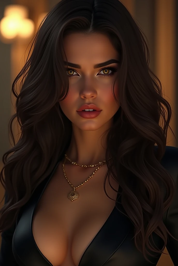 young woman with long, dark brown hair and honey-colored eyes, stunningly gorgeous, sister to a mafioso