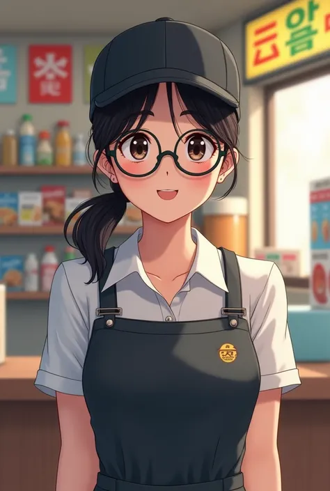 Korean Alba girl wearing black round horn-rimmed glasses, black cap, ponytail, cu convenience store uniform
My chin is blunt and small, so I need to show my double chin a little