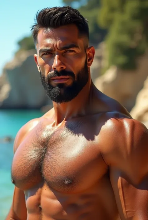 Mediterranean man with an athletic build, barbudo,  brown eyes,  short hair,  square face .