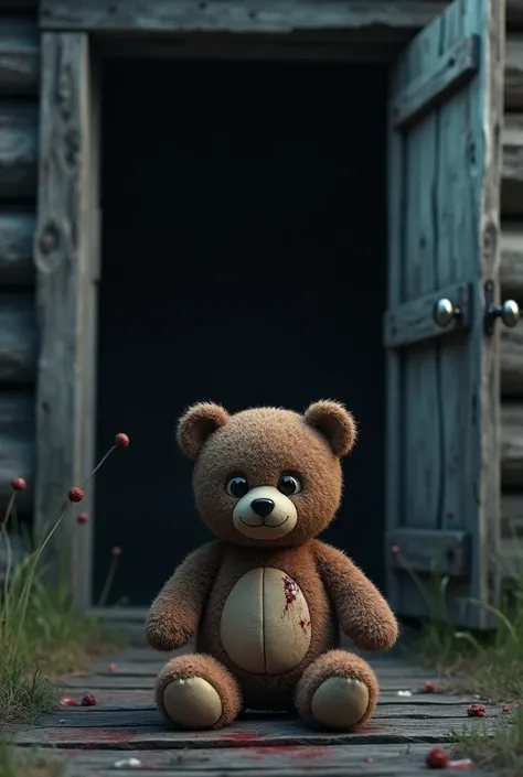 The front door hangs ajar, revealing darkness inside. A single s toy, a worn teddy bear, sits upright in front of the cabin, its fur matted with blood.
Generate a photo 3D animation