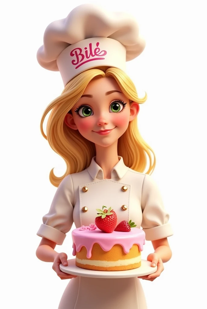   A blonde woman , with long hair combed to the side,  green eyes , slightly pulled,  looking at the camera  , slightly long nose, a slight side smile , with a pastry chef&#39;clothes and a pastry chefs hat&#39;pink with the words "Bilé" , she is holding a...