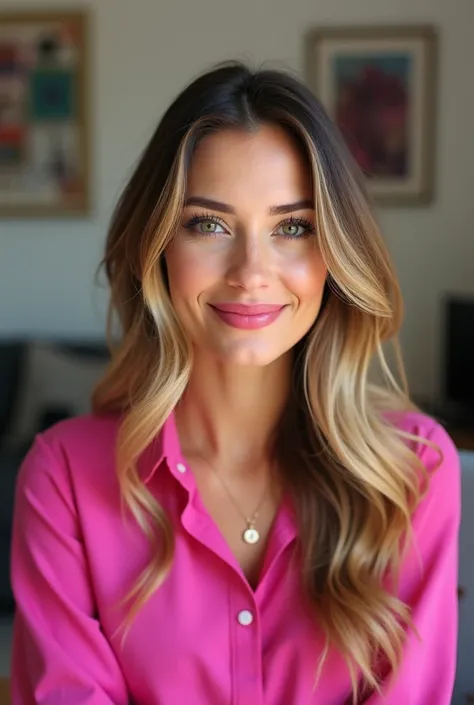 a woman, light skin,  long hair, Brown hair and blonde locks,  home office environment with light makeup and strong Pixar 3D lipstick, fuchsia pink shirt ,  facing the camera , Beautiful-looking, Happy and confident, a classic 