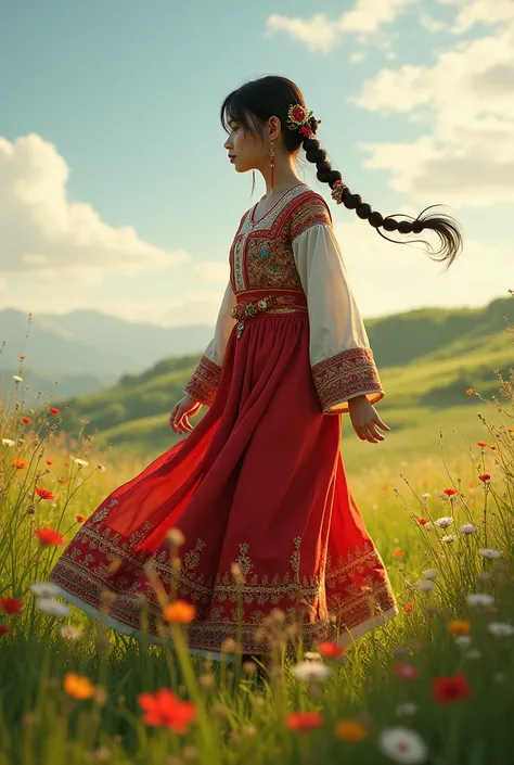 A girl in Turkmen folk dress and pigtailed jewelry has been walking in the meadow for 19 years