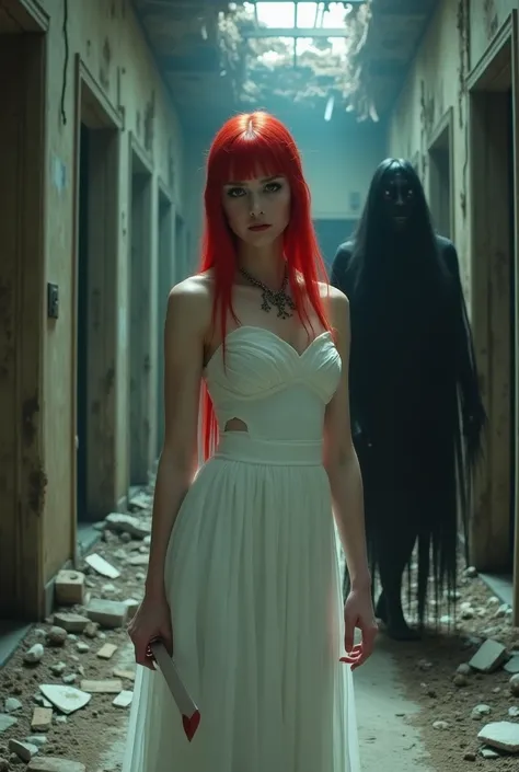 A red-haired girl with black eyes stands in a white evening dress in the middle of an abandoned building and smirks, holding a poker in her hands .  A creature with long black hair can be seen in the background, standing on all fours watching a girl 