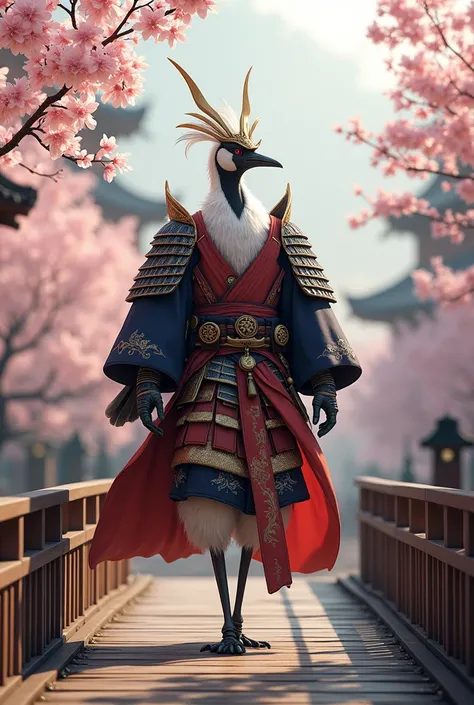 A stoic crane anthropomorphic king dressed in intricate samurai armor and a flowing kimono, walking across a wooden bridge in Kyoto surrounded by cherry blossoms.