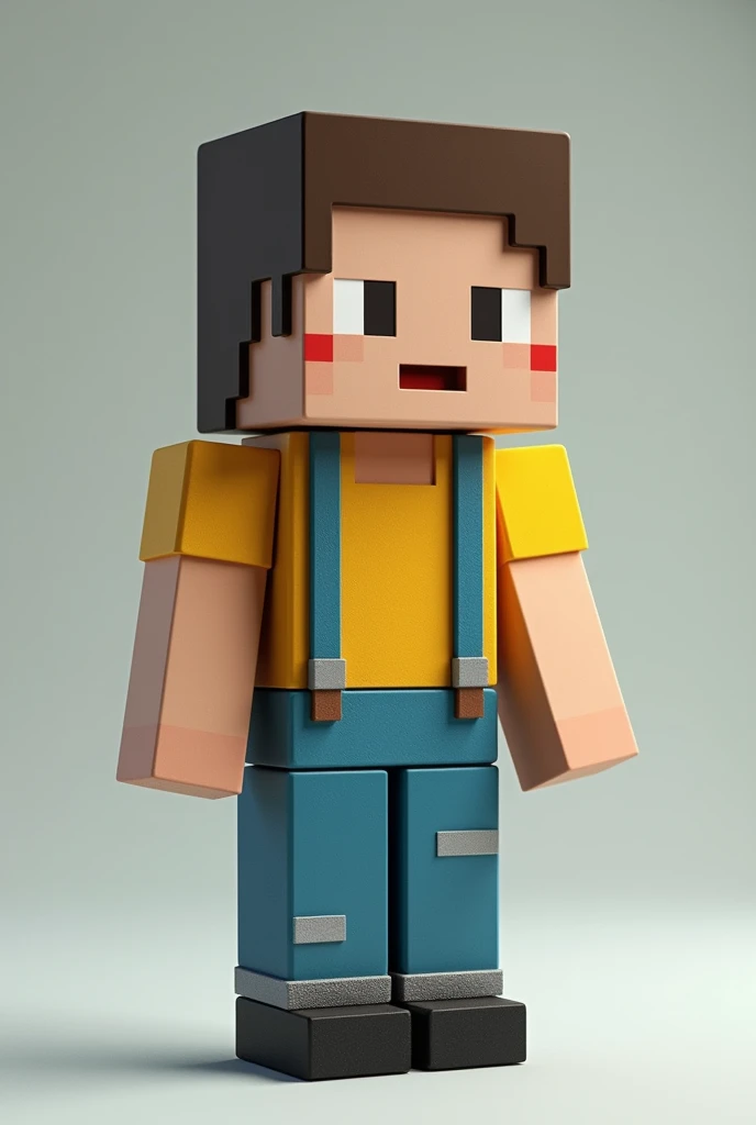 Make a Minecraft 3D doll with blue suspenders wearing a half-yellowed shirt with a black shoe