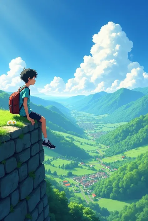 "A serene anime-style landscape featuring a young boy sitting on a stone wall overlooking a vast, sunny valley. The boy has short, dark hair and wears a light blue T-shirt, dark shorts, and sneakers, with a backpack on his back. The scene is vibrant and de...