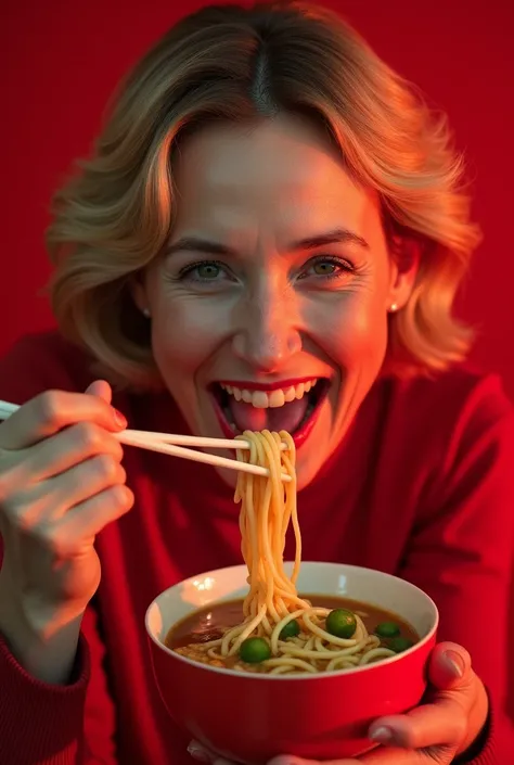 a woman eating a bowl of noodles with chopsticks, official jil sander editorial, , she is about 60 years old, with red haze and a massive grin, in 2018, véronique meignaud, with a bundt bundt pan face, promotional render, 5